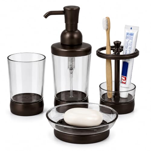 LGURT 4pc Coffee Brown Clear Plastic Bathroom Accessories Set | Soap dispenser, toothbrush holder, soap dish, cup. vintage modern style. Fits vanity, dorm, gift-ready.