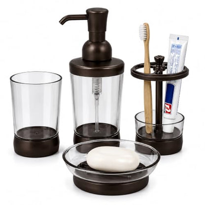 LGURT 4pc Coffee Brown Clear Plastic Bathroom Accessories Set | Soap dispenser, toothbrush holder, soap dish, cup. vintage modern style. Fits vanity, dorm, gift-ready.