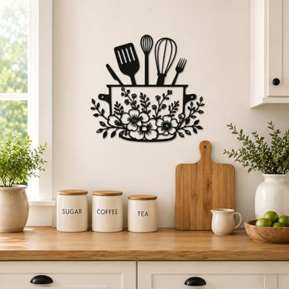 Yoanxong Kitchen Wall Decor Metal Art, Black Farmhouse Kitchen Decor with Floral Utensil Design, Rustic Kitchen Wall Art Hanging Sign for Dining Room, Coffee Bar, Home Decorations