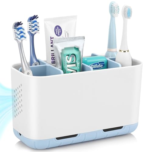 Boperzi Electric Toothbrush Holder for Bathroom Organizer Countertop, Detachable Anti-Slip Blue Toothpaste Storage Caddy 6 Slots White with Drainage Holes for Makeup Brush Razor Stand - color: Blue