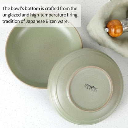 HAPPY KIT 9'' Pasta Bowls, 42oz, Stoneware Set of 4, WillowGreen - color: WillowGreen