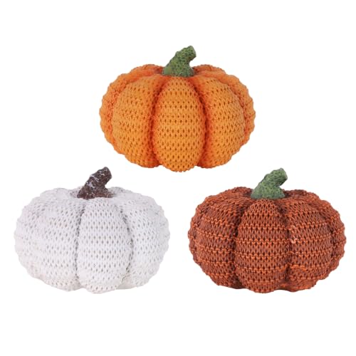 MEETYAMOR Fall Decorations for Home, 3 PCS Resin Pumpkins Figurines for Fall Decor, Farmhouse Rustic Multi-Color Pumpkin Decorations Indoor for Mantel, Shelf, Table, Thanksgiving