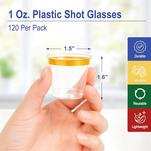 Mandala Crafts Disposable Clear Gold Rim 1oz Plastic Shot Glasses | Recyclable, Bulk 120 PCs Clear Mini Cups for Parties, Whiskey & Wine Tastings, Condiments, Desserts, Samples & Crafts - color: Gold Rim, size: 1 Ounces