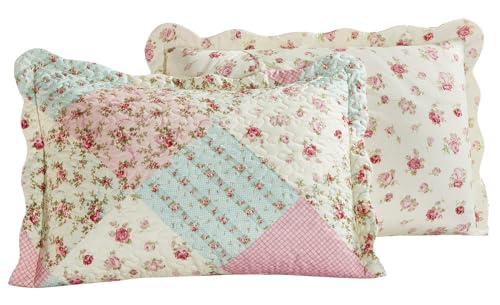 Brilliant Sunshine Pink & Green Roses Pillowshams Set, 20"x26"+2" | Patchwork Design, Quilted Standard Pillowcases, Washable Scallop Edge Pillow Covers, Pack of 2 - color: Pink Green, size: 20 x 26 inches