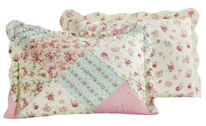 Brilliant Sunshine Pink & Green Roses Pillowshams Set, 20"x26"+2" | Patchwork Design, Quilted Standard Pillowcases, Washable Scallop Edge Pillow Covers, Pack of 2 - color: Pink Green, size: 20 x 26 inches