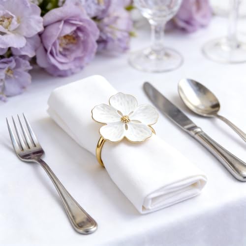 6 Pcs Napkin Rings, Flower Napkin Rings Holder Floral Table Setting Decoration for Table Settings, Glossy Serviette Buckles Decor (White)