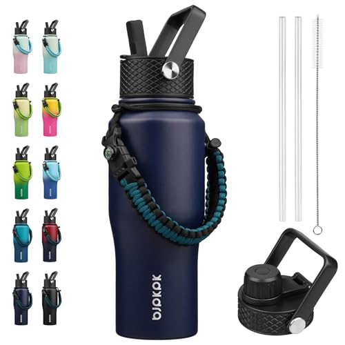 BJPKPK 23oz Insulated Water Bottle with Straw Lid, Stainless Steel Bottle | Vacuum Insulated with Straw Lid & Spout Lid, Paracord Strap, Keep Cold & Hot, Leak-Proof, BPA-Free, for Gym, Hiking, Travel - color: Navy Blue, style: 23oz