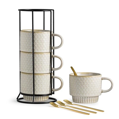 LYEOBOH Stackable Coffee Mugs, Coffee Cups, Mug Set of 4 with Spoons - 13 Oz Coffee Cup Set with Stand, Ceramic Coffee Mug - Farmhouse Kitchen, Beige - color: Beige