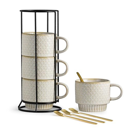LYEOBOH Stackable Coffee Mugs, Coffee Cups, Mug Set of 4 with Spoons - 13 Oz Coffee Cup Set with Stand, Ceramic Coffee Mug - Farmhouse Kitchen, Beige - color: Beige