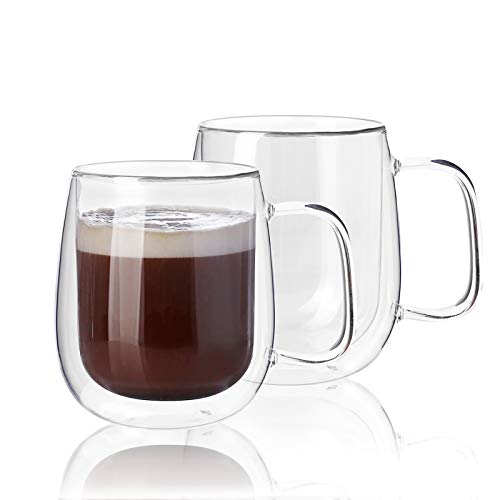 Kanwone Large Glass Coffee Mugs - 14 Ounce - Double Wall Insulated Glasses with Handle, Clear Glass Coffee Mugs, Perfect for Latte, Macchiato, Americano, Cappuccino, Tea and Beverage, Set of 2