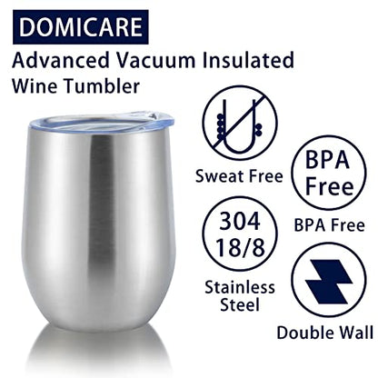 DOMICARE Stainless Steel Wine Tumbler Bulk with Lid, Personalized Insulated Tumblers Set, 12oz Travel Coffee Cups Pack of 1, Stainless steel - color: Stainless Steel, size: 1 Count (Pack of 1)