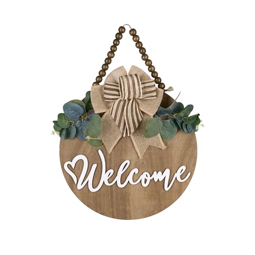 12 Inch 3D Welcome Sign for Front Door, Round Wooden Welcome Door Sign with Artificial Greenery, Buffalo Plaid Bow & Rustic Beads, Farmhouse Porch Home Decor Gift - color: Oak_Brown
