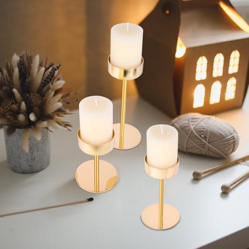 Pillar Candle Holders Set of 3, 3.15" Diameter Gold Candlestick Holder | for Pillar & Flameless Candles. Metal Ideal decoration for Table,Fireplace,Living,Dining Room,Perfect for Wedding,House Gift