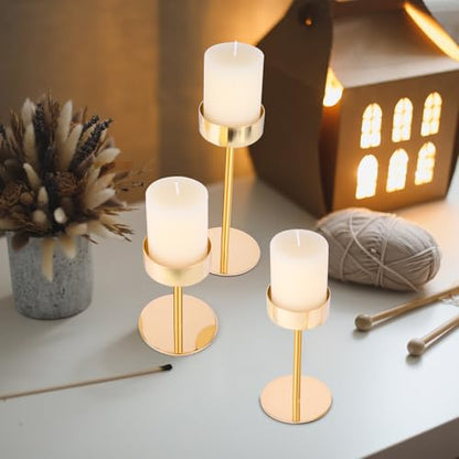 Pillar Candle Holders Set of 3, 3.15" Diameter Gold Candlestick Holder | for Pillar & Flameless Candles. Metal Ideal decoration for Table,Fireplace,Living,Dining Room,Perfect for Wedding,House Gift