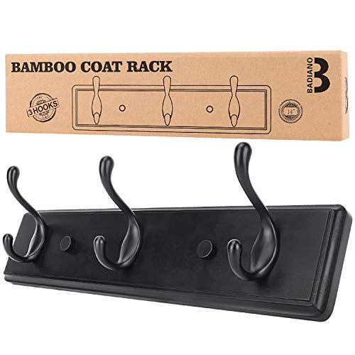 Heavy Duty Wooden Coat Rack, Wall-Mounted Organizer, 14 Inch, Black | 3 Double Hooks, Greater Storage Space for Hanging Towels, Bags, Hats, Jackets, Key - color: Black, size: 3 Hooks