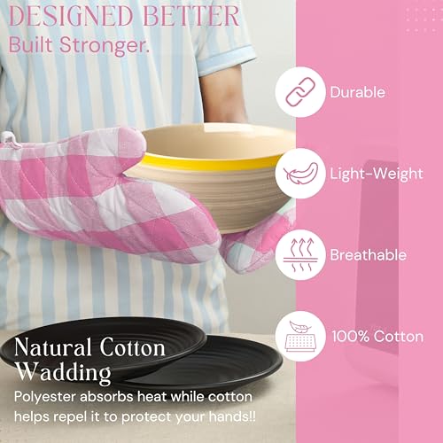 Buffalo Plaid Check Oven Mitts and Pot Holders Set, 100% Cotton, Heat Resistant, 2 Oven Gloves (7x13 Inches) and 2 Hot Pads (8x8 Inches) for Cooking and Baking, Rose Pink White - color: Rose Pink, Buffalo Plaid