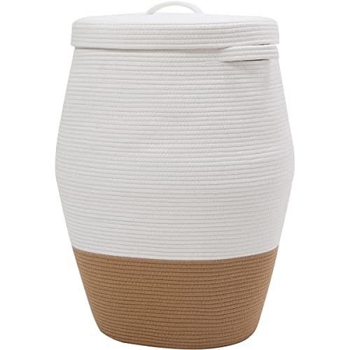 26"x20" Handcrafted Tall Cotton Rope Basket with Lid, Stylish Flagon Shape with Cover, Clothes Hamper with Top, for Bedroom and Living Room, White/Camel Bottom - color: White/Camel Bottom, size: 26"x20"