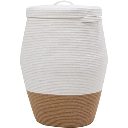 26"x20" Handcrafted Tall Cotton Rope Basket with Lid, Stylish Flagon Shape with Cover, Clothes Hamper with Top, for Bedroom and Living Room, White/Camel Bottom - color: White/Camel Bottom, size: 26"x20"