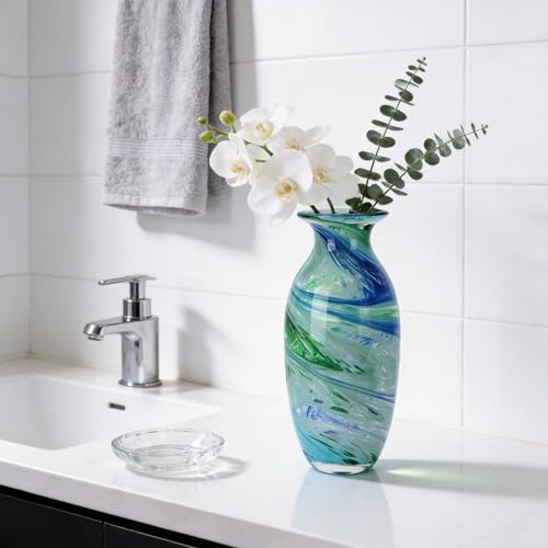 Hand Blown Glass vase, Blue Green Wide Mouth vase, Contemporary Glass Art Suitable for Display on Living Room Dining Tables, in Offices, bathrooms, Coffee Tables and hallways. - color: B-blue Veins