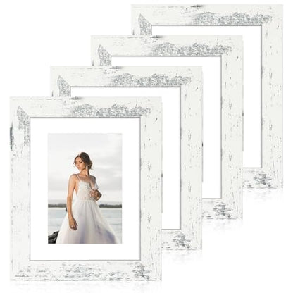 iRahmen 6x8 Picture Frame with Mat 4x6 - High Definition Real Glass Wooden Photo Frames for Tabletop Display and Wall Mounting (Distressed White, Set of 4) - color: Distressed White, size: 6X8