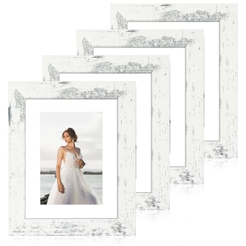 iRahmen 6x8 Picture Frame with Mat 4x6 - High Definition Real Glass Wooden Photo Frames for Tabletop Display and Wall Mounting (Distressed White, Set of 4) - color: Distressed White, size: 6X8