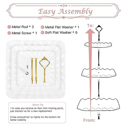 5 Pcs Dessert Table Display Set- 3 Tier Cupcake Stand & Serving Tray | Cake Stands for Tea Party, Birthday, Baby Shower, Bridal Shower Decorations, Thicker Food-Graded Plastic, Metal Rod, Reusable