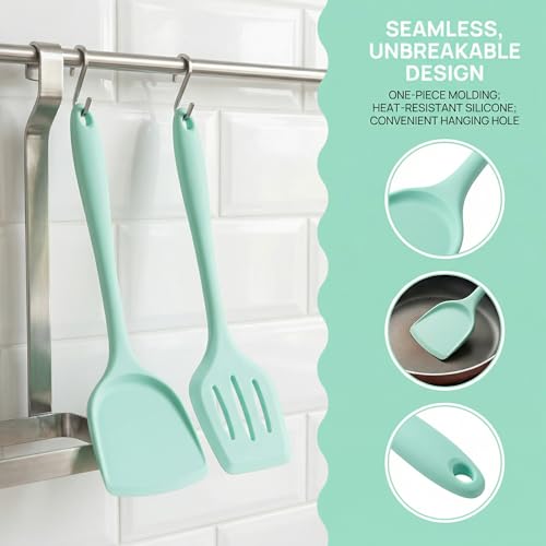 2-Pack Silicone Spatula Set, Heat Resistant Spatulas for Baking & Mixing, BPA-Free Solid & Slotted Turner for Non-Stick Pans, Kitchen Utensils for Scraping, Sauteing and Flipping (Mint Green) - color: Mint Green