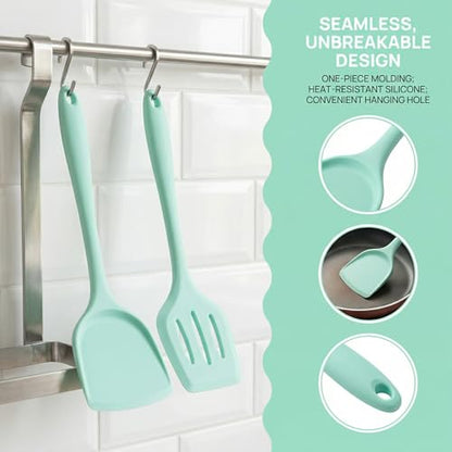 2-Pack Silicone Spatula Set, Heat Resistant Spatulas for Baking & Mixing, BPA-Free Solid & Slotted Turner for Non-Stick Pans, Kitchen Utensils for Scraping, Sauteing and Flipping (Mint Green) - color: Mint Green