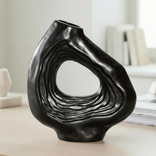 Sunddo 9 Inch Donut Black Ceramic Vase | Donut Shape, Minimalist Boho Style, Modern Home Decor, Table Centerpiece - color: Black, size: 9 inch