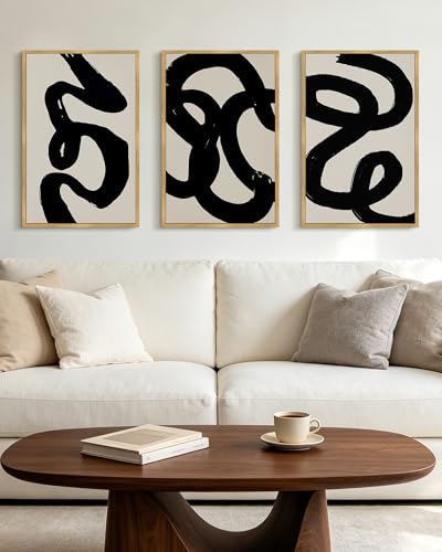 PHOPAGO Black Abstract Modern Framed Wall Art Large 16x24in Ink Wash Minimalist Thick Black Lines Paints Artwork Bedroom Living Room Home Decor - Natural Framed - color: Black Ink Wash, size: 24L" x 16W" x 3 Pcs Natural