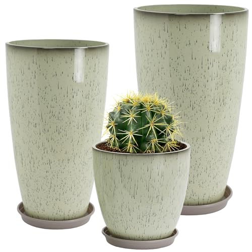 Neoaider Set of 3 Tall Planter, 24/21/12in Large Plastic Planter, DripGlaze | Ceramic-Look, Lightweight, Built-in Drain Hole, Saucers, Tall Outdoor Planter for Porch, Garden, Patio, Balcony - color: Drip Glaze