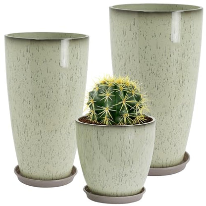 Neoaider Set of 3 Tall Planter, 24/21/12in Large Plastic Planter, DripGlaze | Ceramic-Look, Lightweight, Built-in Drain Hole, Saucers, Tall Outdoor Planter for Porch, Garden, Patio, Balcony - color: Drip Glaze