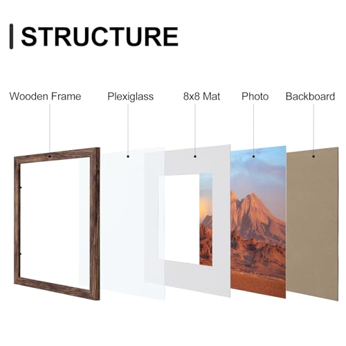 Vittanly 12x12 Picture Frames Set of 9, Shatter Resistant Plexiglass, Display 8x8 Pictures with Mat or 12x12 without Mat, Photo Frames for Wall Mount, Engineered Wood, Brown | Display Pictures 8x8 with Mat or 12x12 without Mat for Wall Mounting, Square Ph