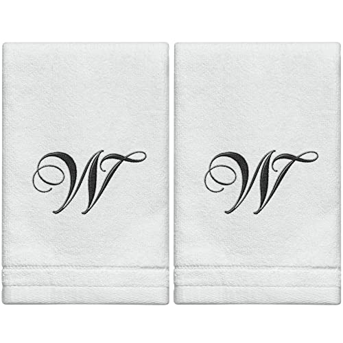 Monogrammed Towels Fingertip, Personalized Gift, 11 x 18 Inches - Set of 2- Black Embroidered Towel - Extra Absorbent 100% Cotton- Soft Velour Finish - For Bathroom/ Kitchen/ Spa- Initial W (White) - color: W