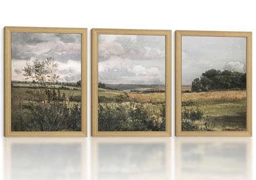 Retro Landscape Canvas Wall Art 3Pcs Framed Home Decor 12x16 inch | Ready to Hang Rustic Painting Prints Picture Poster Living Room Bedroom Entryway Hallway Bookshelf Foyer Entrance Hall Decor - color: Retro landscape 004, size: 16"L x 12"W