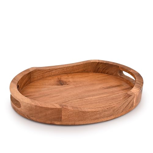 Tray Acacia Wood Oval Large Tray with Handle Food Serving Trays for Living Room Home Dining Table (14" X 11" X 2")