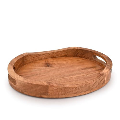 Tray Acacia Wood Oval Large Tray with Handle Food Serving Trays for Living Room Home Dining Table (14" X 11" X 2")