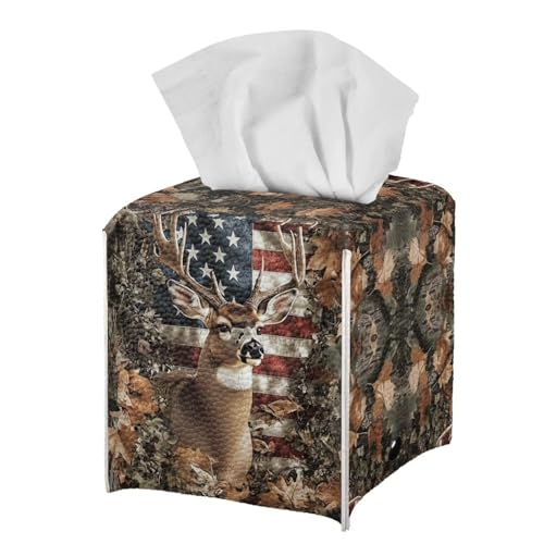 Deer Tissue Box Cover Forest Hunting Print Tissue Box Holder Waterproof PU Leather Holder for Facial Paper American Flag Facial Napkin Organizer Dispenser - color: Deer American Flag Leaf Camo