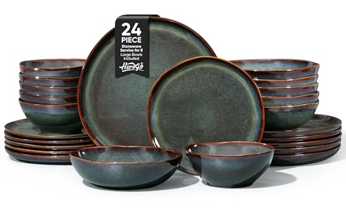 Herogo Stoneware Dinnerware Sets for 6, 24 Piece Ceramic Dinner Dishes Set, Irregular Handmade Plates and Bowls Dishware, Crack and Scratch Resistant, Reactive Glaze, Lichen Green - color: Lichen Green, size: 6 Set (24pcs)