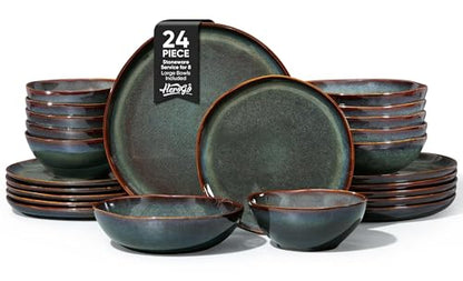 Herogo Stoneware Dinnerware Sets for 6, 24 Piece Ceramic Dinner Dishes Set, Irregular Handmade Plates and Bowls Dishware, Crack and Scratch Resistant, Reactive Glaze, Lichen Green - color: Lichen Green, size: 6 Set (24pcs)