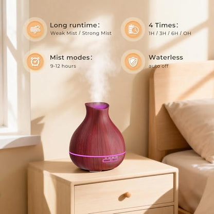 Aromatherapy Essential Oil Diffuser 550ml 12 Hours Wood Grain Aroma Diffuser with Timer Cool Mist Humidifier for Large Room, Home, Baby Bedroom, Waterless Auto Shut-off,7 Colors Lights Changing - color: Rosewood