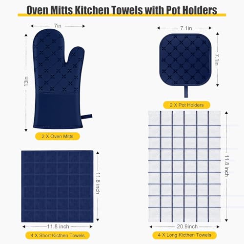 Oven Mitts Kitchen Towels Dishcloths with Pot Holders Sets 12PCS,Dish Towels Sets,Oven Gloves Pot Pads Heat Resistant 500 Degrees with Non-Slip Silicone Surface for Cooking Baking Grilling-Marine Blue - color: Marine Blue