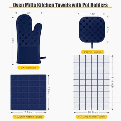 Oven Mitts Kitchen Towels Dishcloths with Pot Holders Sets 12PCS,Dish Towels Sets,Oven Gloves Pot Pads Heat Resistant 500 Degrees with Non-Slip Silicone Surface for Cooking Baking Grilling-Marine Blue - color: Marine Blue