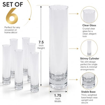 Koyal Wholesale Bud Vases, 7.5 Inch Clear Glass Cylinder, Set of 6