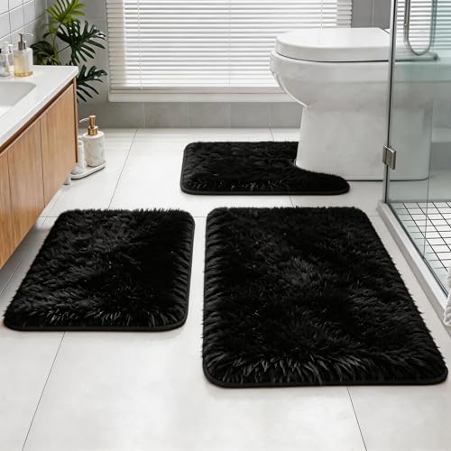 Bathroom Rugs Set Plush Velvet Bath Rugs Non-Slip Shaggy Bath Mat Set 3 Piece,Washable Mats,Absorbent Shaggy Rugs Super Soft U-Shaped Toilet Rug,Bahroom Carpets for Bathroom,Tub,Shower Black - color: Black