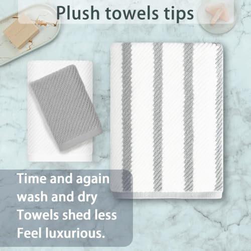 VOOVA & MOVAS Stripe 3PC Towel Set, 100% Cotton, Grey | 1 Stripe Large Bath 30x54 In,1 White Hand 18x28 In,1 Grey Washcloth 13x13 In, Quick Dry, Thick, Dorm Room Essentials - color: Grey+white Stripe, size: 3 PC Bathroom Towel Set