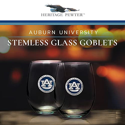 Heritage Pewter Auburn Tigers Stemless Glass Goblets – Set of 2 | 15 OZ Goblet Wine Glasses | Expertly Crafted Pewter Glass - style: AUBURN, BLUE