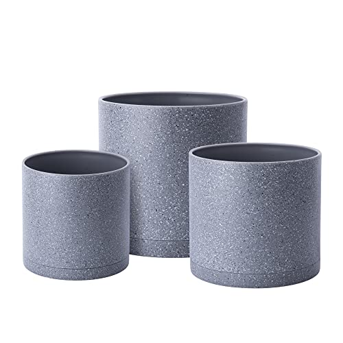 D'vine Dev 3-Pack Plastic Pots, 6.5/8/10 in, Speckled Gray, 74-V-G-4 | Multi-Size Options, Lightweight Durable, Matte Finish, Cylinder Shape, Drainage Holes, Sleek Design, Detachable Saucer - color: Speckled Gray, size: Large