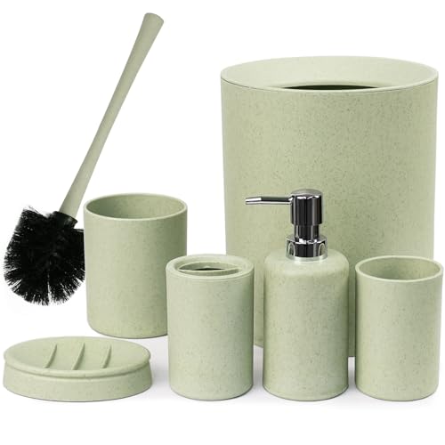 CERBIOR Bathroom Accessories Set 6 Piece Wheat Straw Bath Ensemble,Green | Includes Soap Dispenser,Tooth Brush Holder,Toothbrush Cup, Soap Dish for Decorative Countertop and Housewarming Gift - style: Green