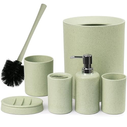 CERBIOR Bathroom Accessories Set 6 Piece Wheat Straw Bath Ensemble,Green | Includes Soap Dispenser,Tooth Brush Holder,Toothbrush Cup, Soap Dish for Decorative Countertop and Housewarming Gift - style: Green